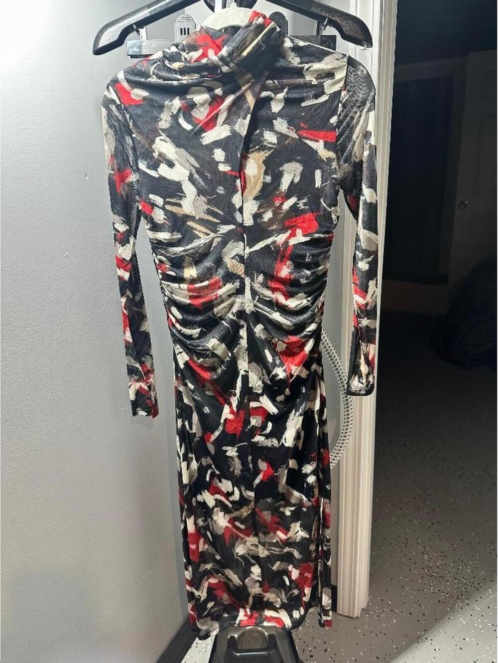 Adrienne Landau Onyx Ruched Mesh Midi Dress Size M Black Red Abstract NWT - Picture 2 of 4